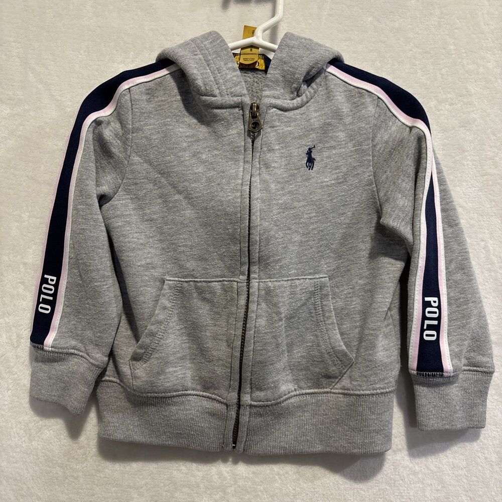 Polo Ralph Lauren Zip Up Hoodie Girls 2/2T Gray Fleece Sweatshirt Stripe Pony